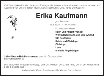 Traueranzeige von Erika Kaufmann von KREISZEITUNG SYKE