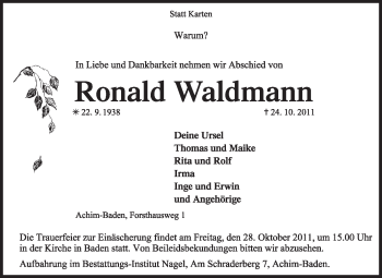 Traueranzeige von Ronald Waldmann von KREISZEITUNG SYKE