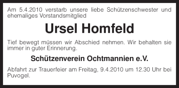 Traueranzeige von Ursel Homfeld von KREISZEITUNG SYKE