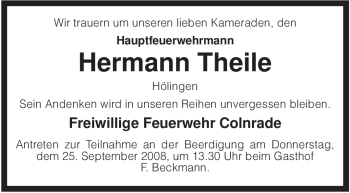 Traueranzeige von Hermann Theile von KREISZEITUNG SYKE