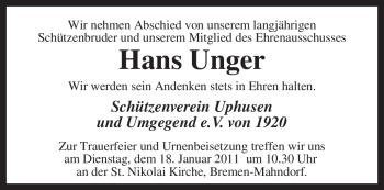 Traueranzeige von Hans Unger von KREISZEITUNG SYKE