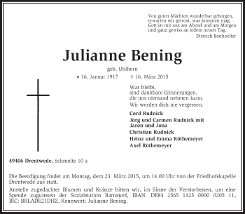 Traueranzeige von Julianne Bening von KRZ