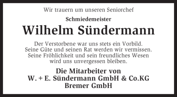 Traueranzeige von Wilhelm Sündermann von KREISZEITUNG SYKE