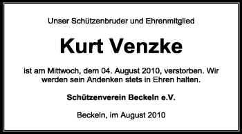 Traueranzeige von Kurt Venzke von KREISZEITUNG SYKE