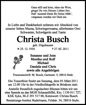 Traueranzeige von Christa Busch von KREISZEITUNG SYKE