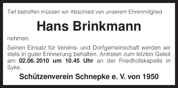 Traueranzeige von Hans Brinkmann von KREISZEITUNG SYKE