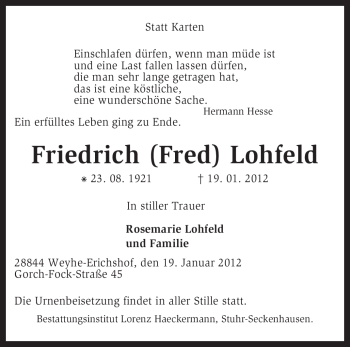 Traueranzeige von Friedrich Lohfeld von KREISZEITUNG SYKE