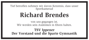 Traueranzeige von Richard Brendes von KREISZEITUNG SYKE