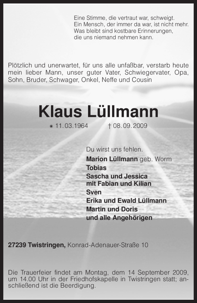  Traueranzeige für Klaus Lüllmann vom 10.09.2009 aus KREISZEITUNG SYKE