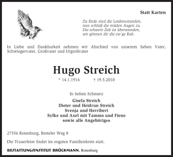 Traueranzeige von Hugo Streich von KREISZEITUNG SYKE