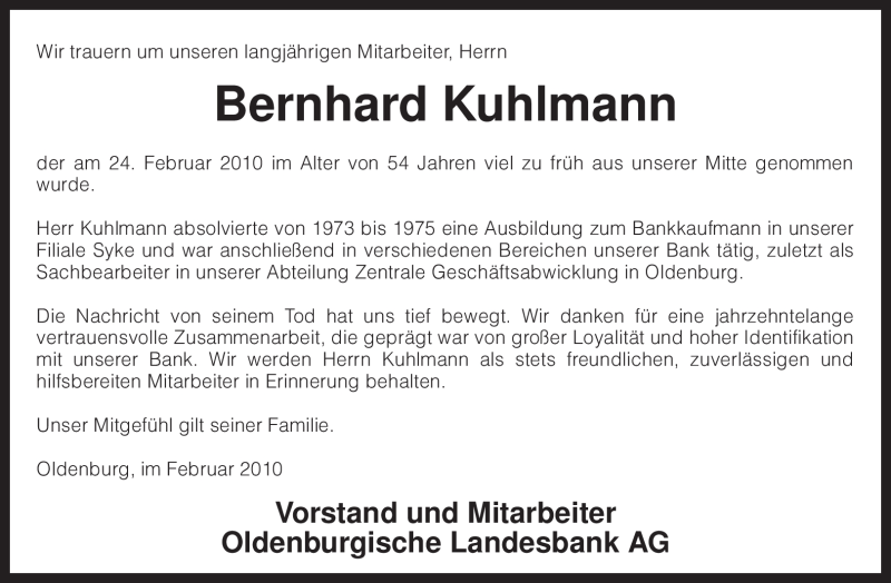  Traueranzeige für Bernhard Kuhlmann vom 26.02.2010 aus KREISZEITUNG SYKE