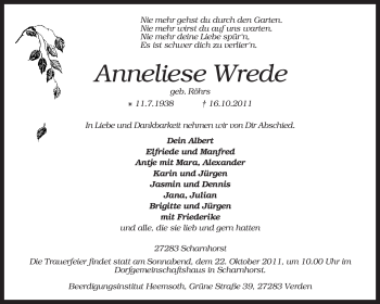 Traueranzeige von Anneliese Wrede von KREISZEITUNG SYKE