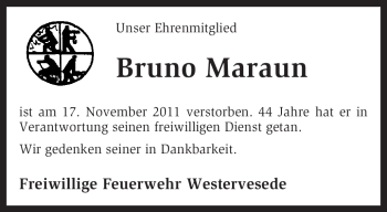 Traueranzeige von Bruno Maraun von KREISZEITUNG SYKE