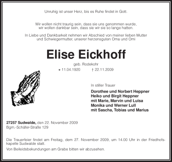 Traueranzeige von Elise Eickhoff von KREISZEITUNG SYKE