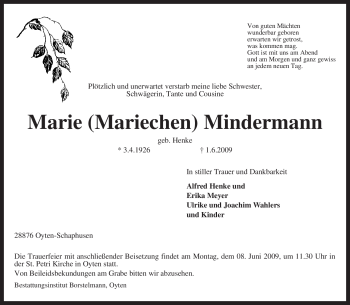 Traueranzeige von Marie Mindermann von KREISZEITUNG SYKE