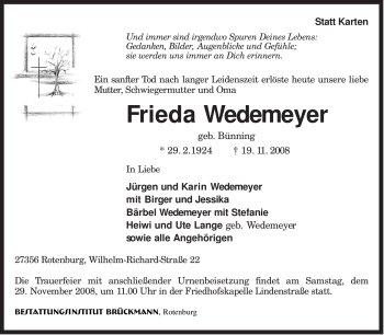 Traueranzeige von Frieda Wedemeyer von KREISZEITUNG SYKE