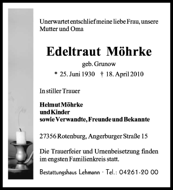 Traueranzeige von Edeltraut Möhrke von KREISZEITUNG SYKE