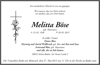 Traueranzeige von Melitta Böse von KRZ