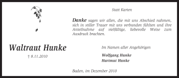 Traueranzeige von Waltraut Hunke von KREISZEITUNG SYKE