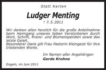 Traueranzeige von Ludger Menting von KREISZEITUNG SYKE