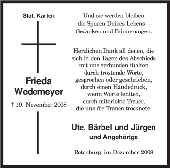 Traueranzeige von Frieda Wedemeyer von KREISZEITUNG SYKE
