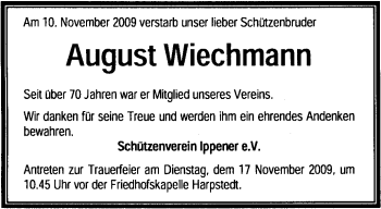 Traueranzeige von August Wiechmann von KREISZEITUNG SYKE