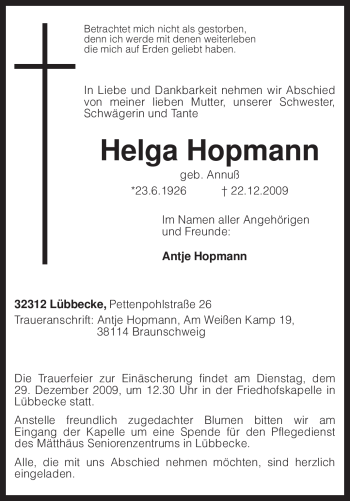 Traueranzeige von Helga Hopmann von KREISZEITUNG SYKE