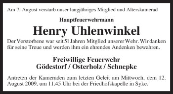 Traueranzeige von Henry Uhlenwinkel von KREISZEITUNG SYKE