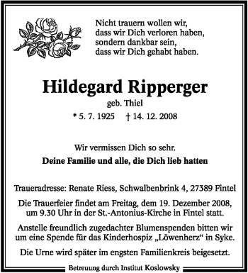Traueranzeige von Hildegard Ripperger von KREISZEITUNG SYKE