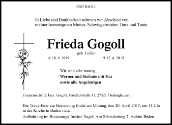 Traueranzeige von Frieda Gogoll von KRZ