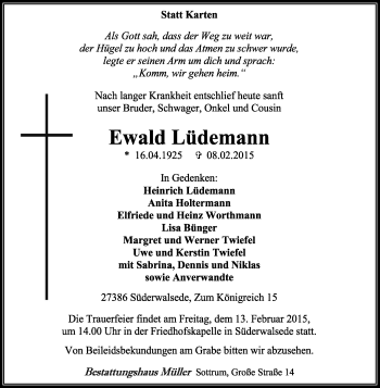 Traueranzeige von Ewald Lüdemann von KRZ