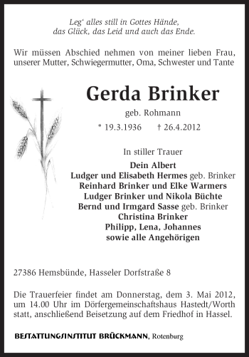 Traueranzeige von Gerda Brinker von KREISZEITUNG SYKE