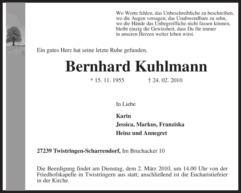  Traueranzeige für Bernhard Kuhlmann vom 26.02.2010 aus KREISZEITUNG SYKE