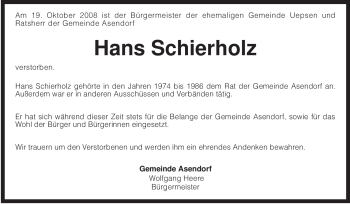 Traueranzeige von Hans Schierholz von KREISZEITUNG SYKE