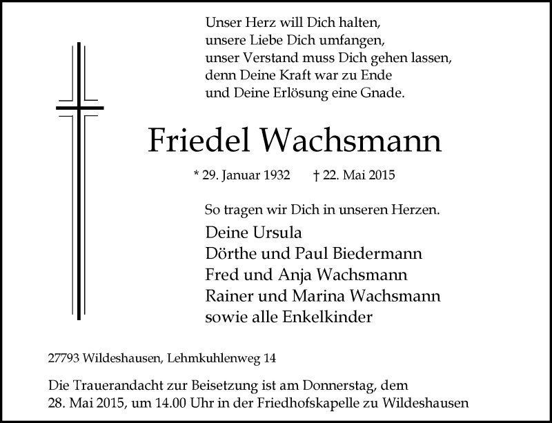  Traueranzeige für Friedel Wachsmann vom 26.05.2015 aus KRZ