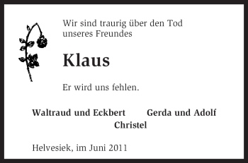 Traueranzeige von Klaus Unbekannt von KREISZEITUNG SYKE