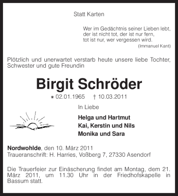 Traueranzeige von Birgit Schröder von KREISZEITUNG SYKE