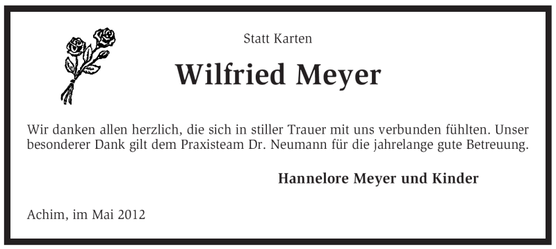  Traueranzeige für Wilfried Meyer vom 19.05.2012 aus KREISZEITUNG SYKE