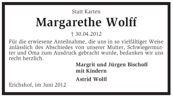 Traueranzeige von Margarethe Wolff von KREISZEITUNG SYKE