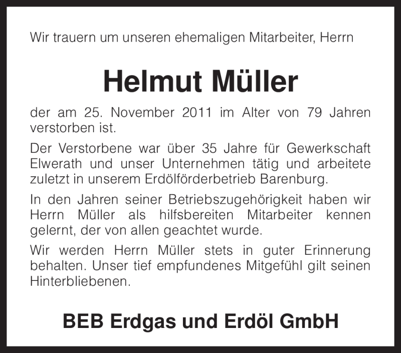  Traueranzeige für Helmut Müller vom 08.12.2011 aus KREISZEITUNG SYKE