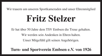 Traueranzeige von Fritz Stelzer von KREISZEITUNG SYKE