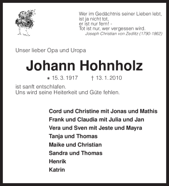 Traueranzeige von Johann Hohnholz von KREISZEITUNG SYKE