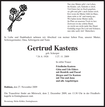 Traueranzeige von Gertrud Kastens von KREISZEITUNG SYKE