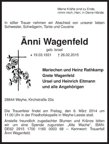 Traueranzeige von Änni Wagenfeld von KRZ