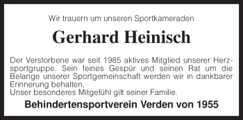 Traueranzeige von Gerhard Heinisch von KREISZEITUNG SYKE