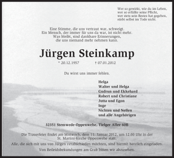 Traueranzeige von Jürgen Steinkamp von KREISZEITUNG SYKE