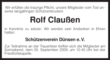 Traueranzeige von Rolf Claußen von KREISZEITUNG SYKE