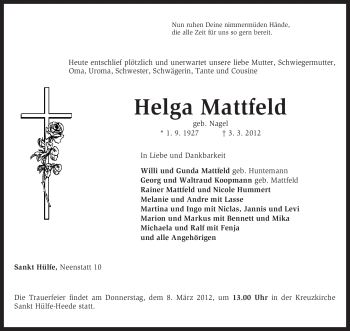 Traueranzeige von Helga Mattfeld von KREISZEITUNG SYKE