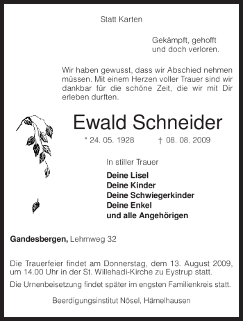 Traueranzeige von Ewald Schneider von KREISZEITUNG SYKE