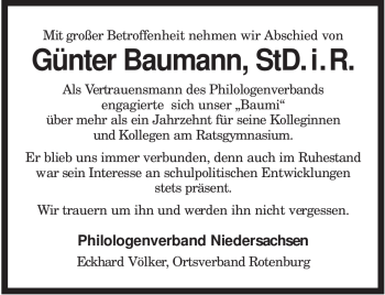 Traueranzeige von Günter Baumann von KREISZEITUNG SYKE